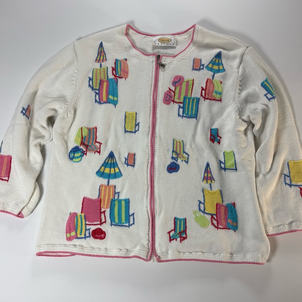 Talbots White Cardigan with Pink Trim